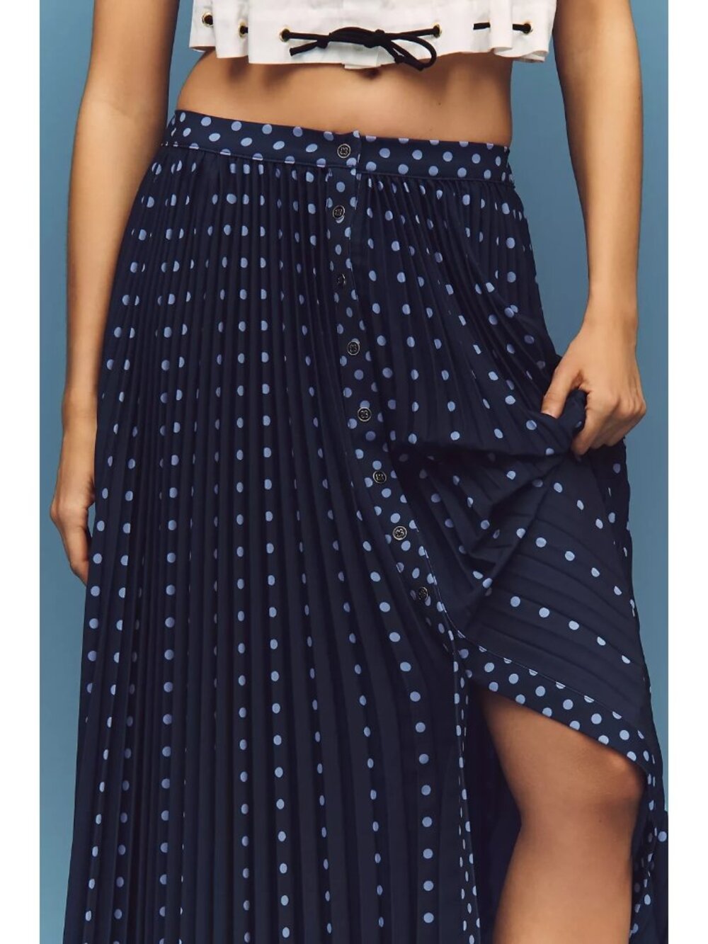 Anthropologie Maeve Pleated Button-Front Maxi Skirt Navy Blue Polka Dot 2X